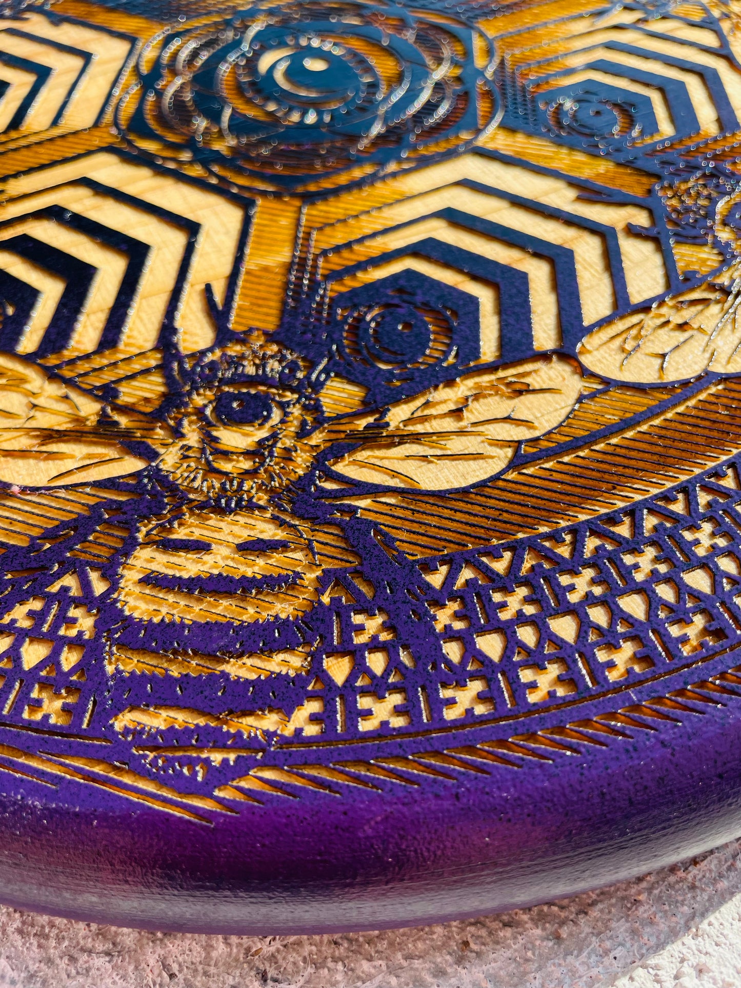 Purple Bee Sacred Mandala 12 inch engraved round