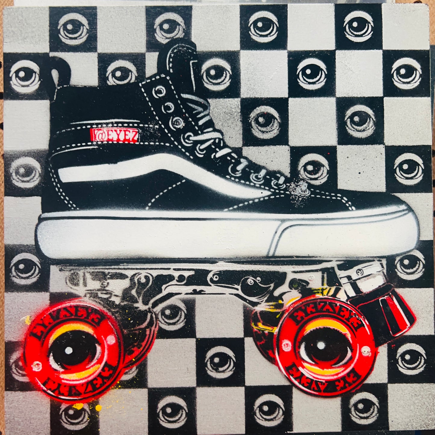 Eye Sk8 12x12 silver wood painting