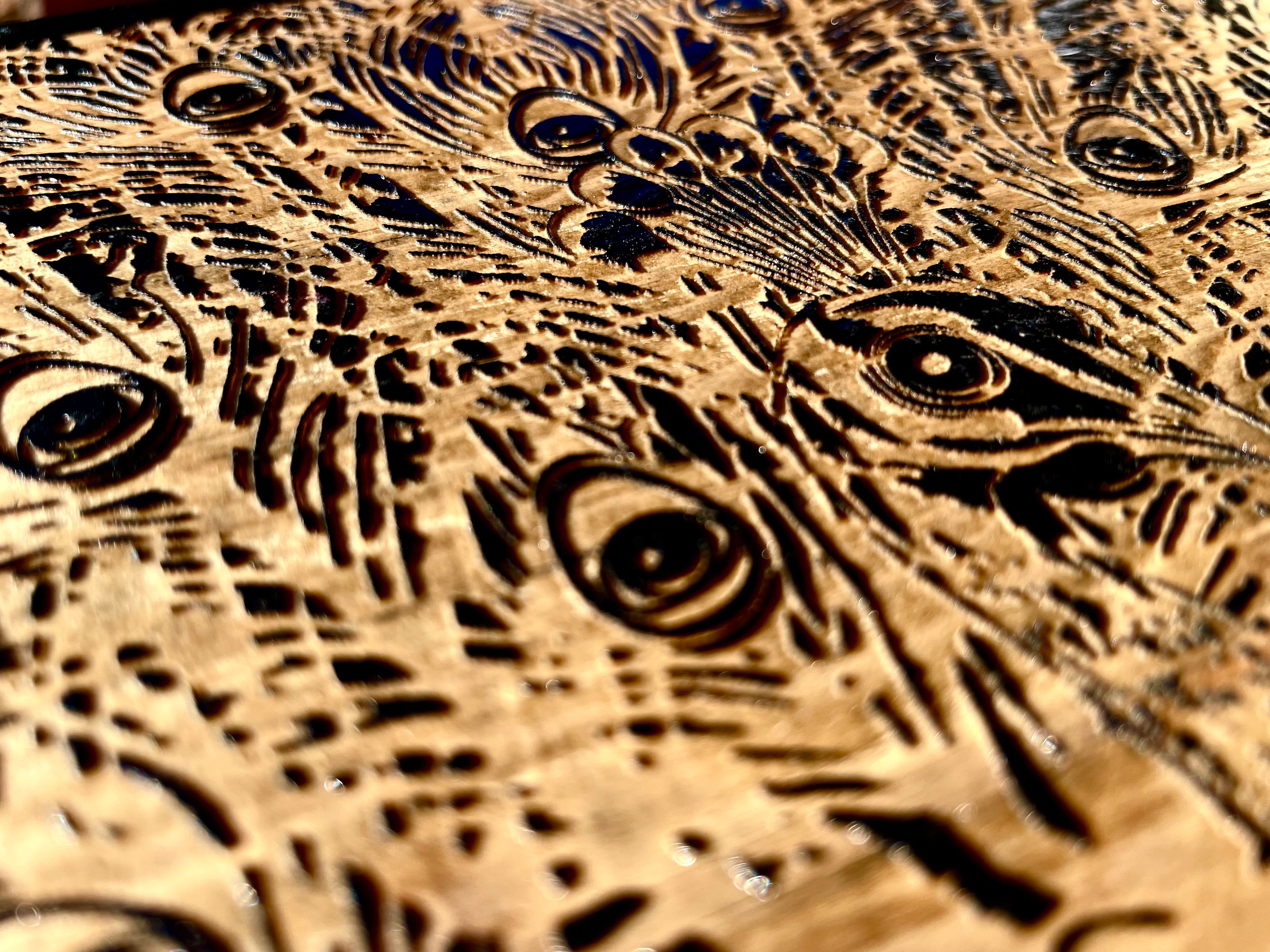 PEATCOCK 8x8 engraving on wood