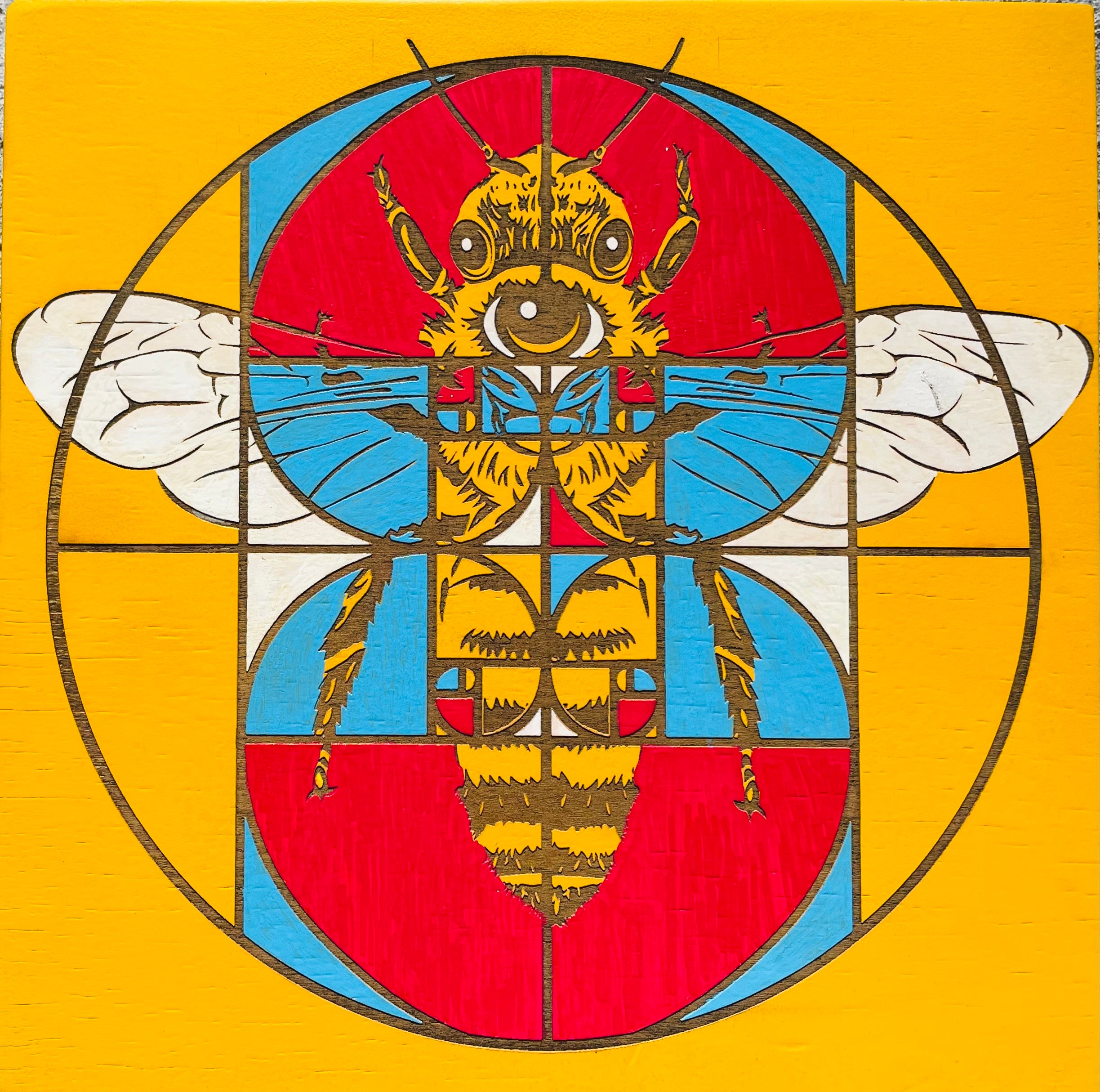 Large 10x10 Golden Ratio Bee Engraving - Primary Colors