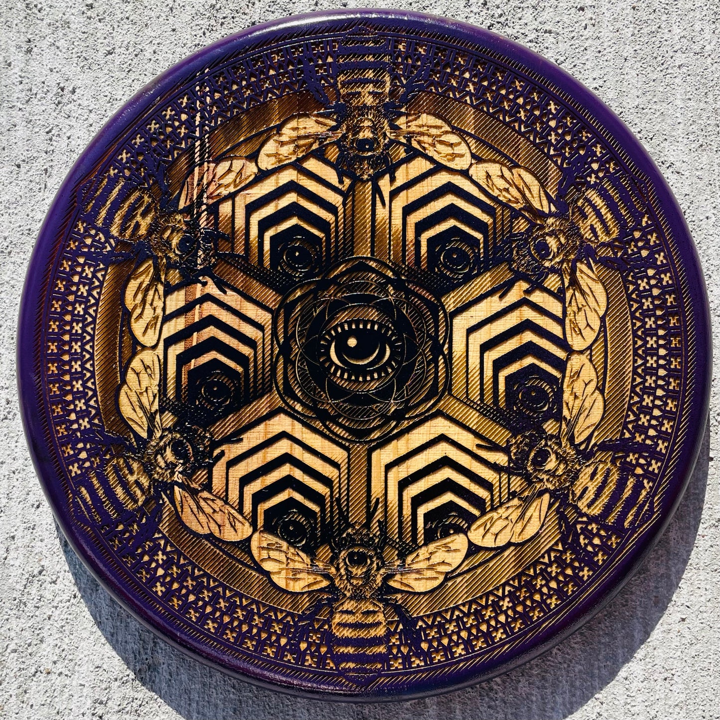 Purple Bee Sacred Mandala 12 inch engraved round